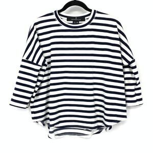 Pomander Place 3/4 Sleeve Cropped Crew Neck T-Shirt Navy Blue White Stripe M/L